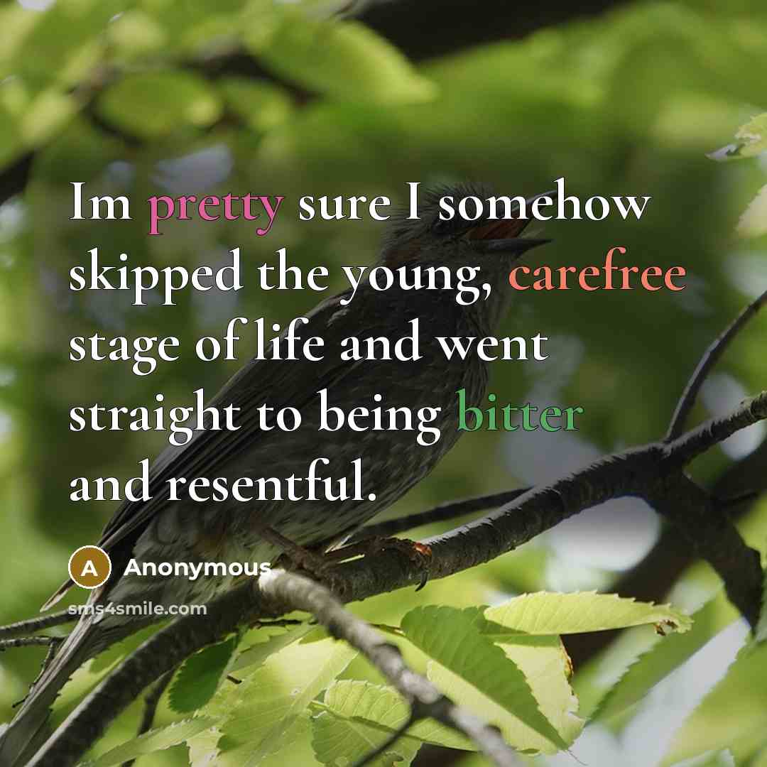 “Im pretty sure I somehow skipped the young, carefree stage of life and went straight to being bitter and resentful.” quote by Anonymous