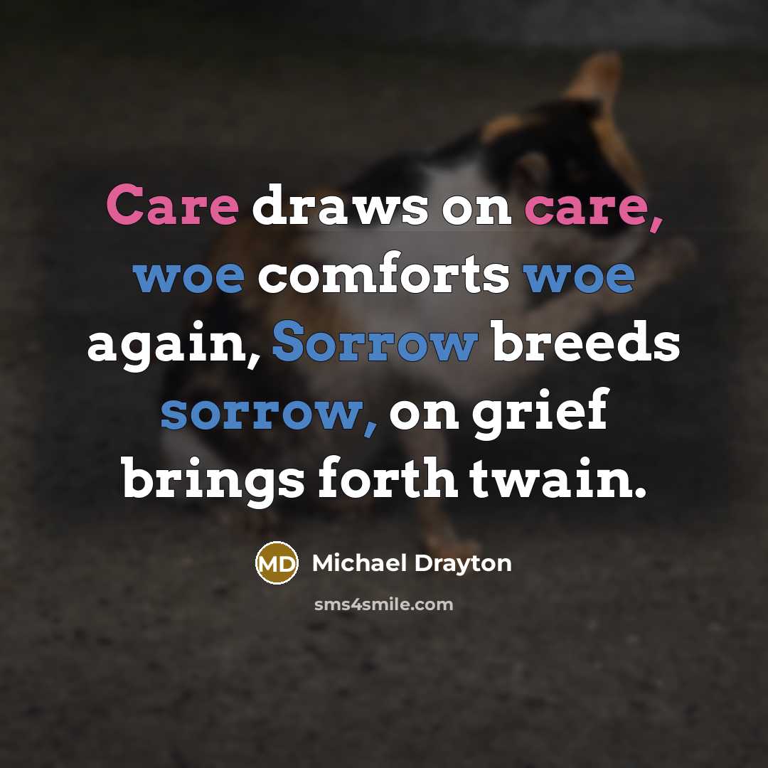 “Care draws on care, woe comforts woe again, Sorrow breeds…” quote by Michael Drayton