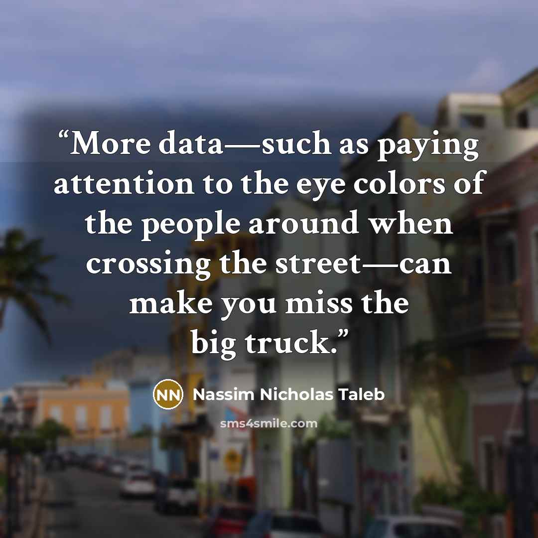 “More data—such as paying attention to the eye colors of the people around when crossing the street—can make you miss the big truck.” quote by Nassim Nicholas Taleb