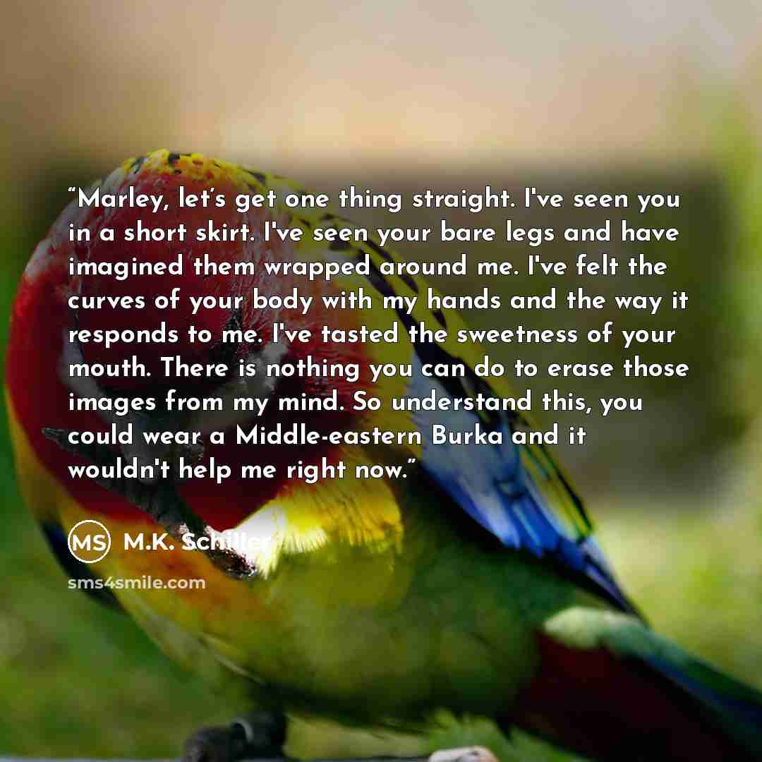“Marley, let’s get one thing straight. I've seen you in a short skirt. I've seen your bare legs and have imagined them wrapped around me. I've felt the curves of your body with my hands and the way it responds to me. I've tasted the sweetness of your mouth. There is nothing you can do to erase…” quote by M.K. Schiller
