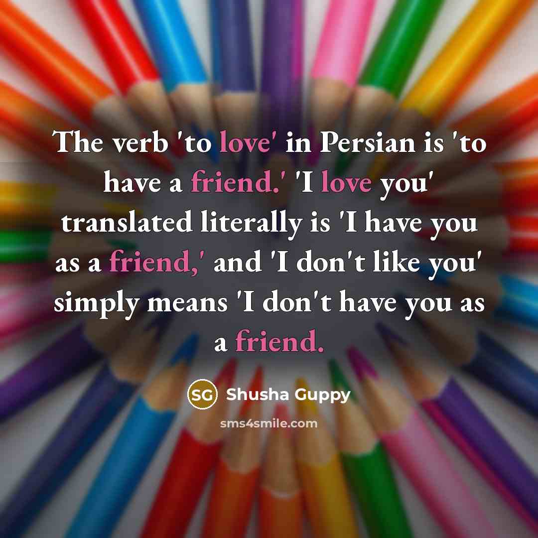 “The verb 'to love' in Persian is 'to have a friend.' 'I love you' translated literally is 'I have you as a friend,' and 'I don't like you' simply means 'I don't have you as a friend.” quote by Shusha Guppy