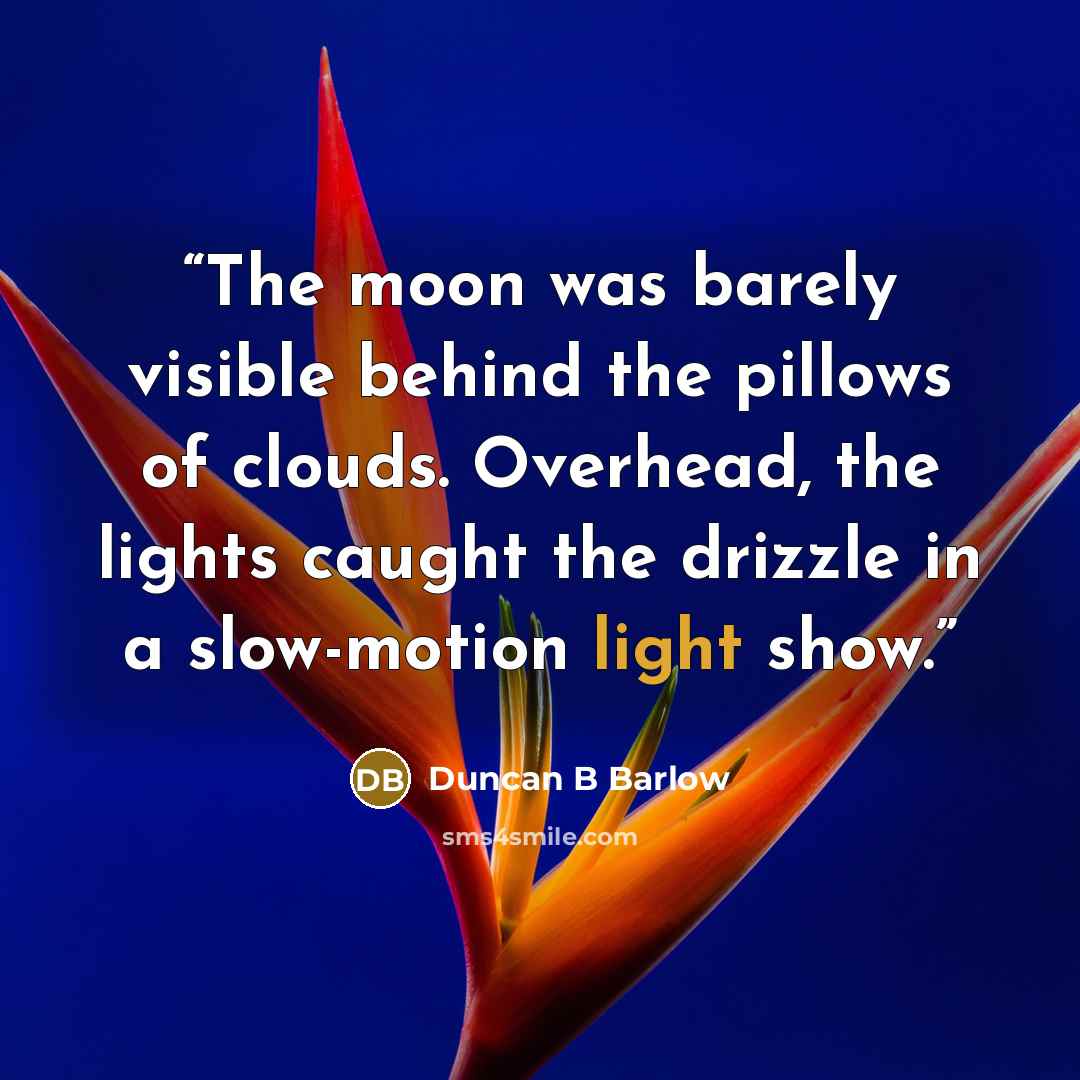 “The moon was barely visible behind the pillows of clouds. Overhead, the lights caught the drizzle in a slow-motion light show.” quote by Duncan B Barlow