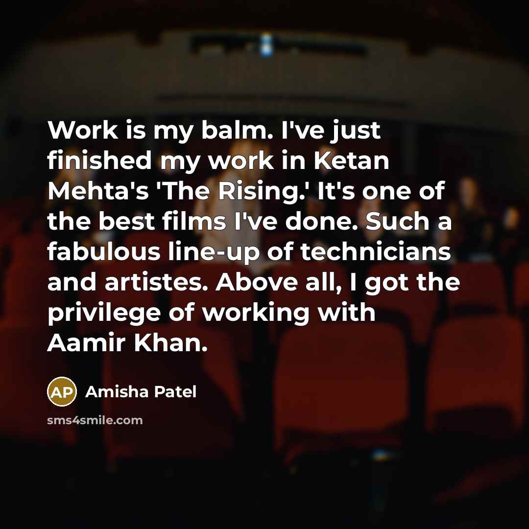 “Work is my balm. I've just finished my work in…” quote by Amisha Patel
