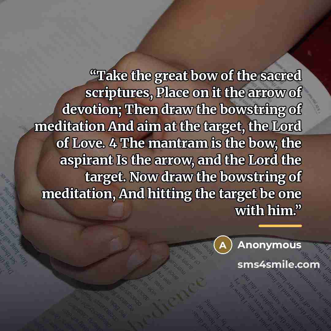 “Take the great bow of the sacred scriptures, Place on it the arrow of devotion; Then draw the bowstring of meditation And aim at the target, the Lord of Love. 4 The mantram is the bow, the aspirant Is the arrow, and the Lord the target. Now draw the bowstring of meditation, And hitting the target…” quote by Anonymous