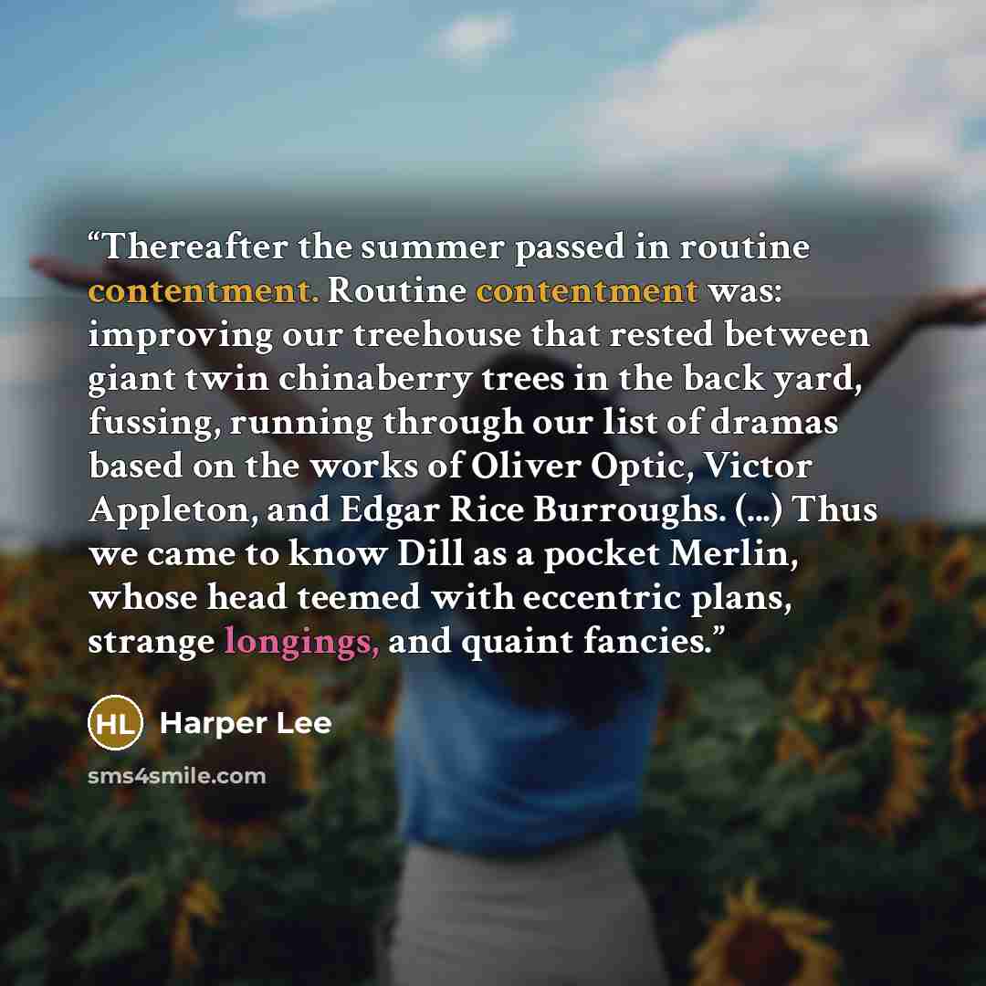 “Thereafter the summer passed in routine contentment. Routine contentment was: improving our treehouse that rested between giant twin chinaberry trees in the back yard, fussing, running through our list of dramas based on the works of Oliver Optic, Victor Appleton, and Edgar Rice Burroughs. (...)…” quote by Harper Lee