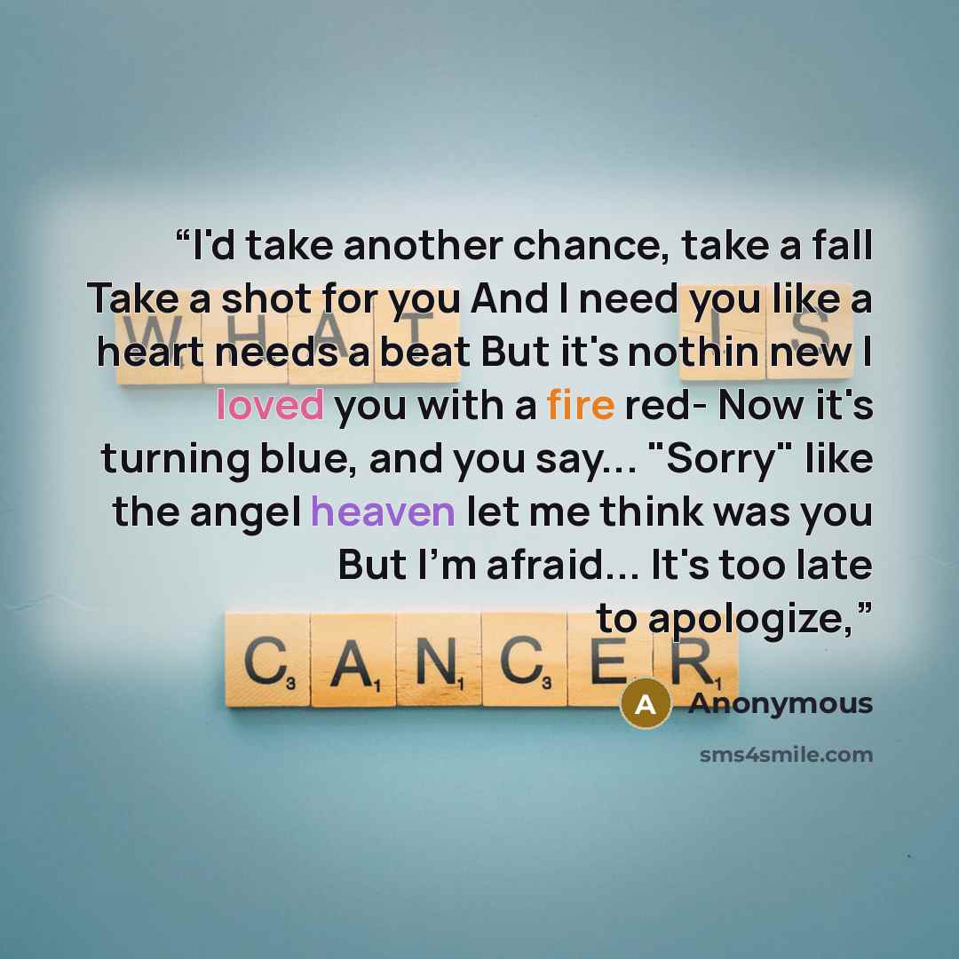 “I'd take another chance, take a fall Take a shot for you And I need you like a heart needs a beat But it's nothin new I loved you with a fire red- Now it's turning blue, and you say... "Sorry" like the angel heaven let me think was you But I'm afraid... It's too late to apologize,” quote by Anonymous
