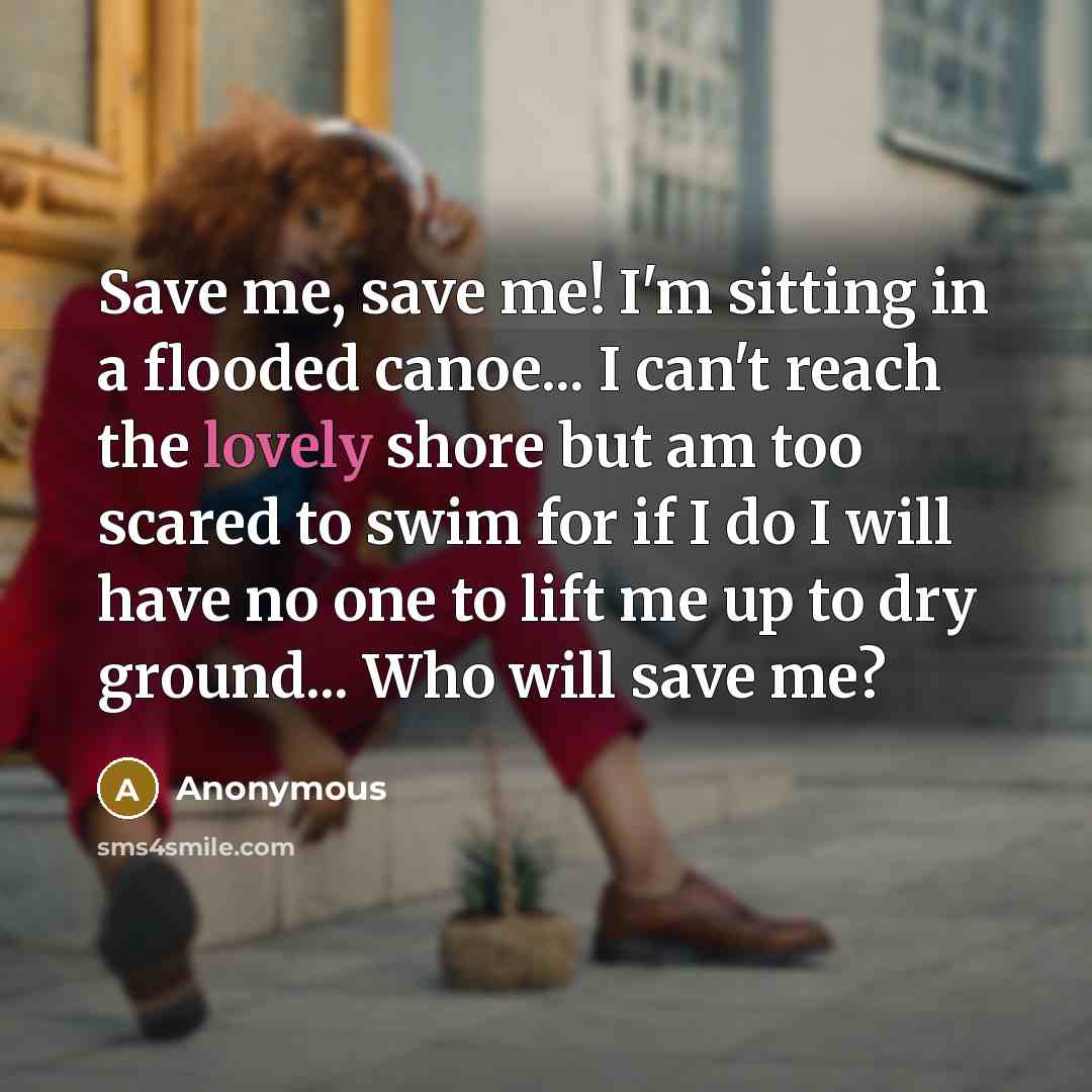 “Save me, save me! I'm sitting in a flooded canoe... I can't reach the lovely shore but am too scared to swim for if I do I will have no one to lift me up to dry ground... Who will save me?” quote by Anonymous