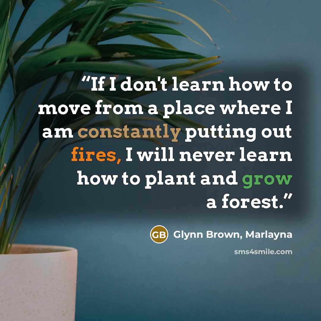 “If I don't learn how to move from a place where I am constantly putting out fires, I will never learn how to plant and grow a forest.” quote by Glynn Brown, Marlayna