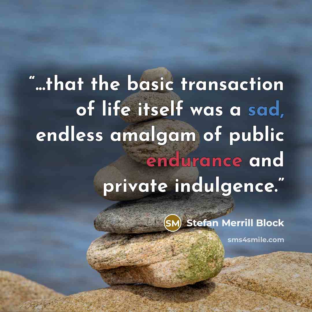 “...that the basic transaction of life itself was a sad, endless amalgam of public endurance and private indulgence.” quote by Stefan Merrill Block