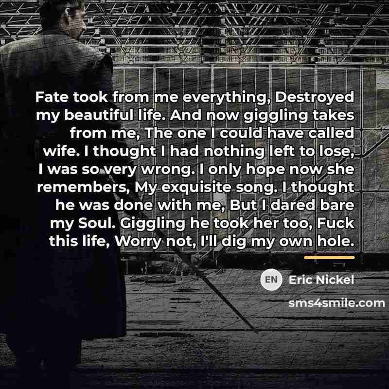 “Fate took from me everything, Destroyed my beautiful life. And…” quote by Eric Nickel