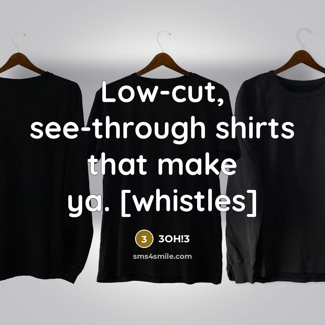 “Low-cut, see-through shirts that make ya. [whistles]…” quote by 3OH!3