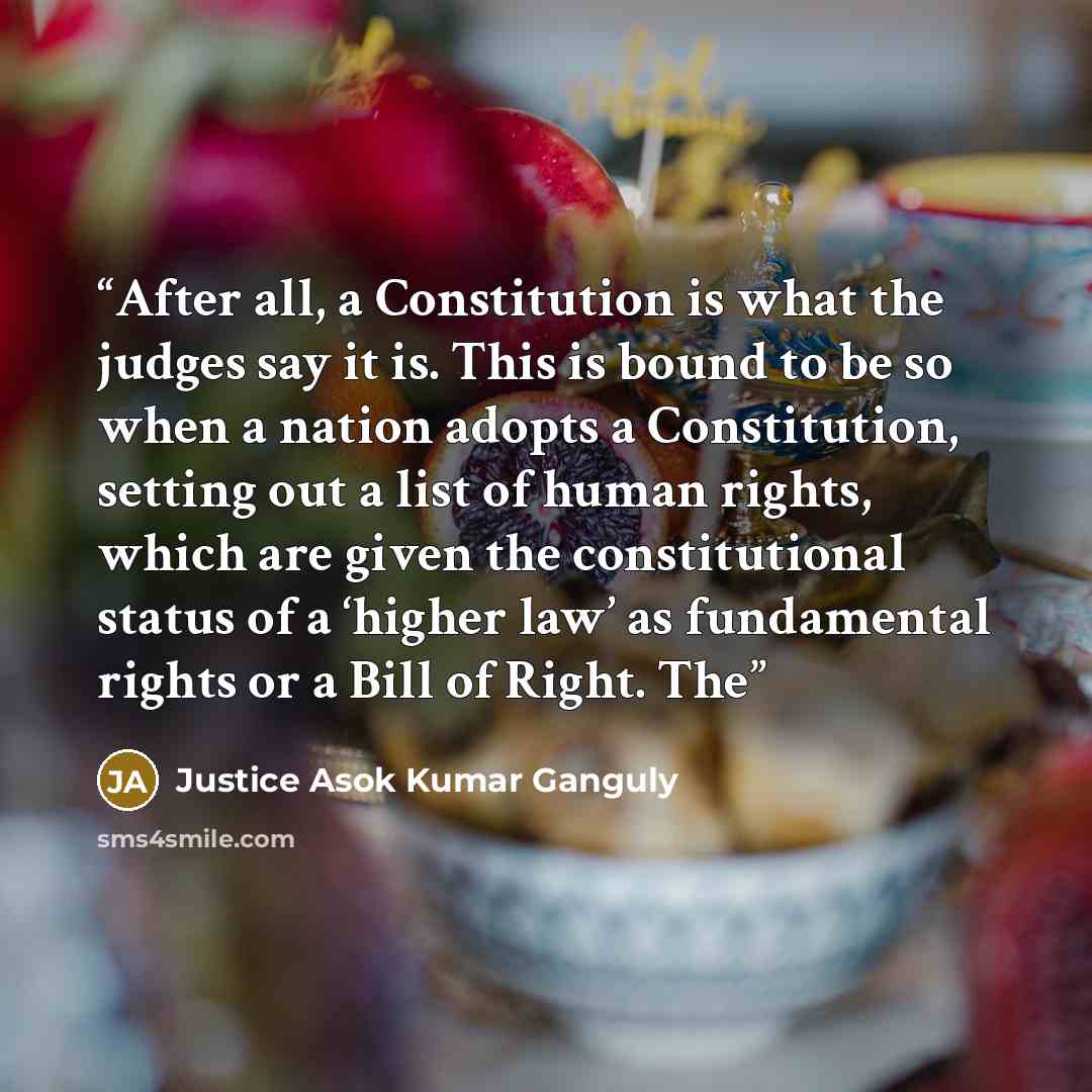 “After all, a Constitution is what the judges say it is. This is bound to be so when a nation adopts a Constitution, setting out a list of human rights, which are given the constitutional status of a ‘higher law’ as fundamental rights or a Bill of Right. The” quote by Justice Asok Kumar Ganguly