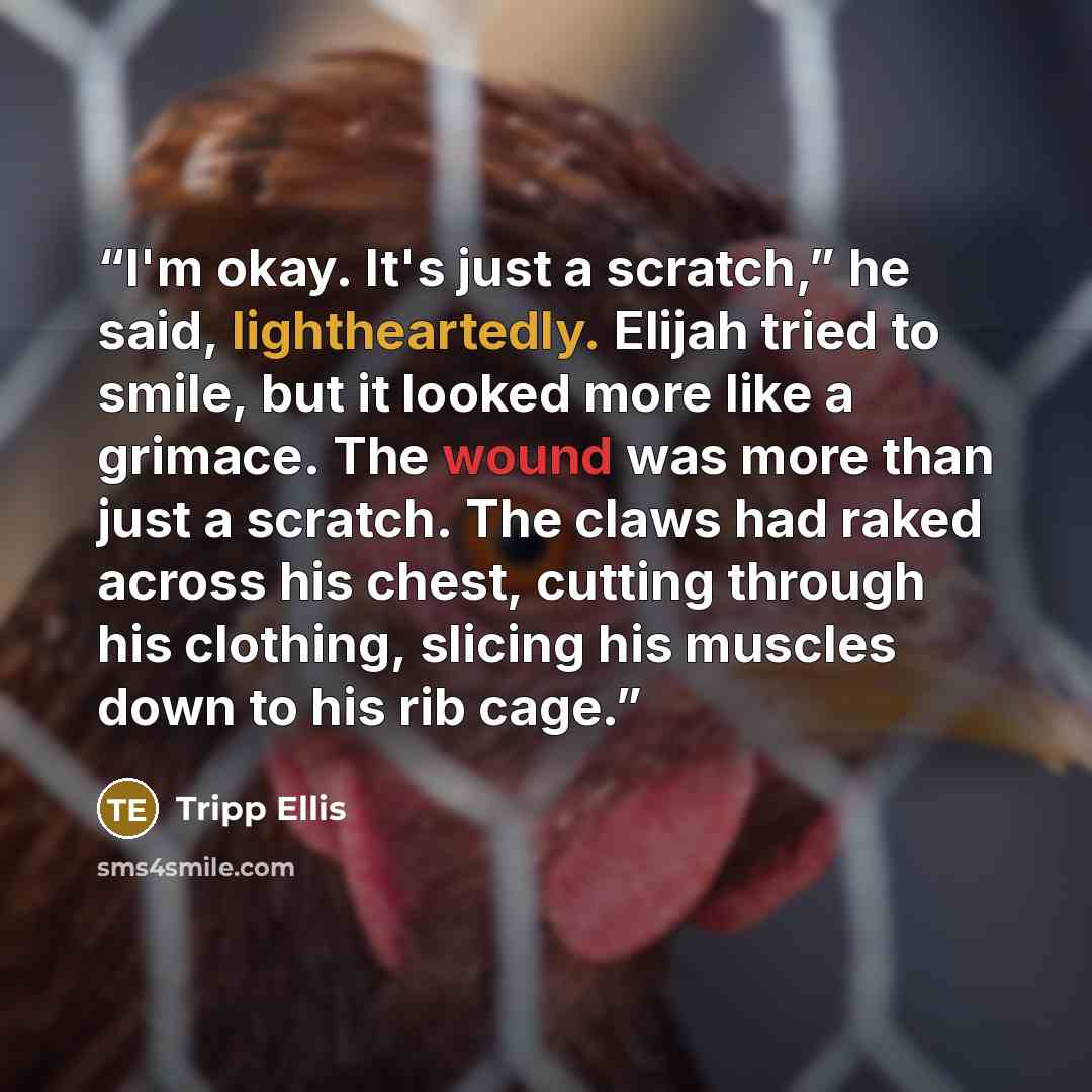 “I'm okay. It's just a scratch,” he said, lightheartedly. Elijah tried to smile, but it looked more like a grimace. The wound was more than just a scratch. The claws had raked across his chest, cutting through his clothing, slicing his muscles down to his rib cage.” quote by Tripp Ellis