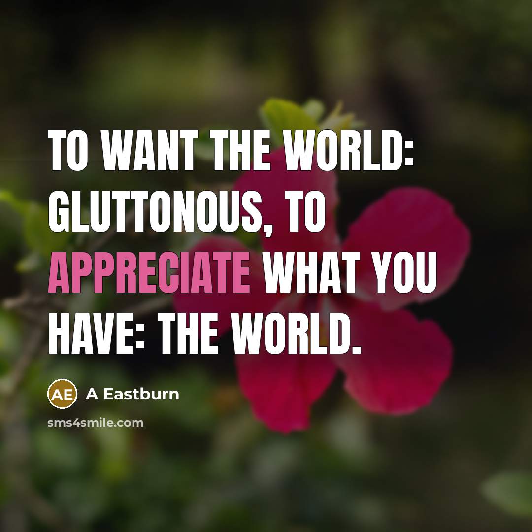 “To want the world: Gluttonous, To appreciate what you have: the WORLD.” quote by A Eastburn