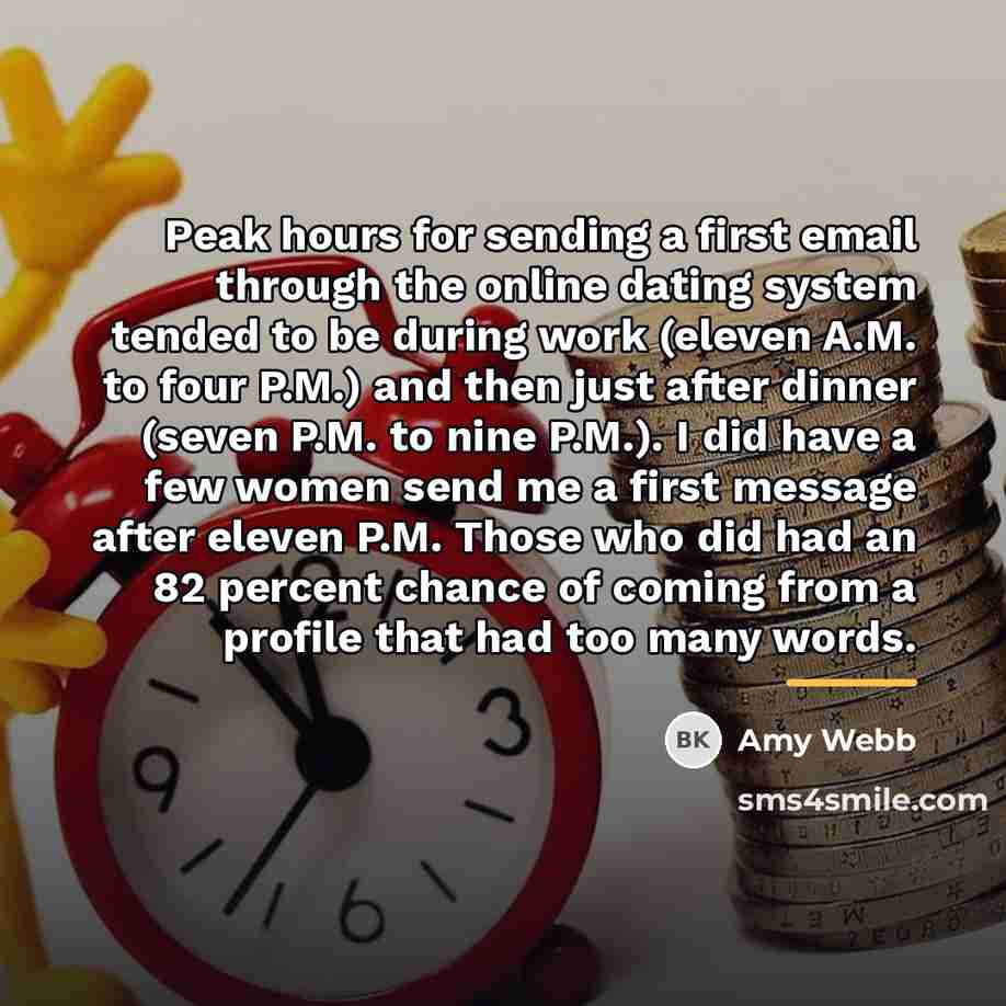 “Peak hours for sending a first email through the online…” quote by Amy Webb