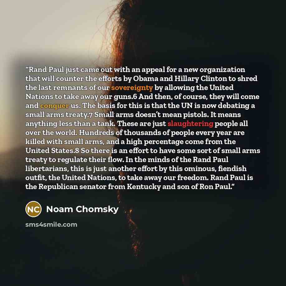 “Rand Paul just came out with an appeal for a new organization that will counter the efforts by Obama and Hillary Clinton to shred the last remnants of our sovereignty by allowing the United Nations to take away our guns.6 And then, of course, they will come and conquer us. The basis for this is…” quote by Noam Chomsky