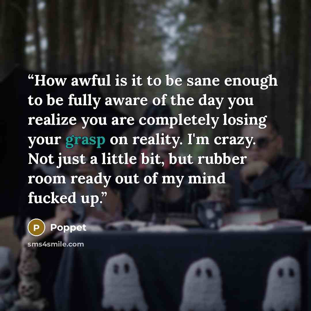“How awful is it to be sane enough to be fully aware of the day you realize you are completely losing your grasp on reality. I'm crazy. Not just a little bit, but rubber room ready out of my mind fucked up.” quote by Poppet