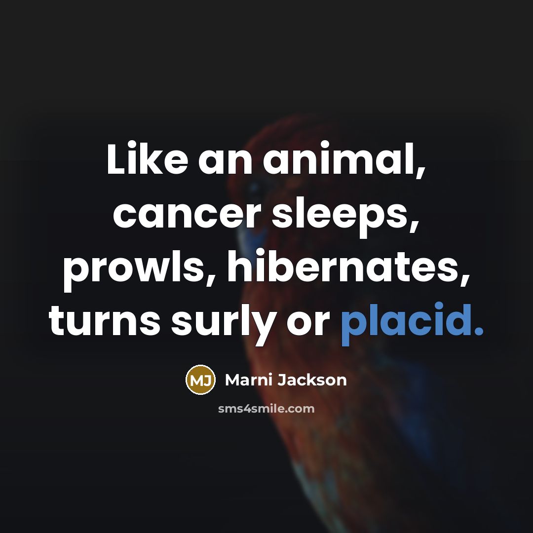 “Like an animal, cancer sleeps, prowls, hibernates, turns surly or…” quote by Marni Jackson