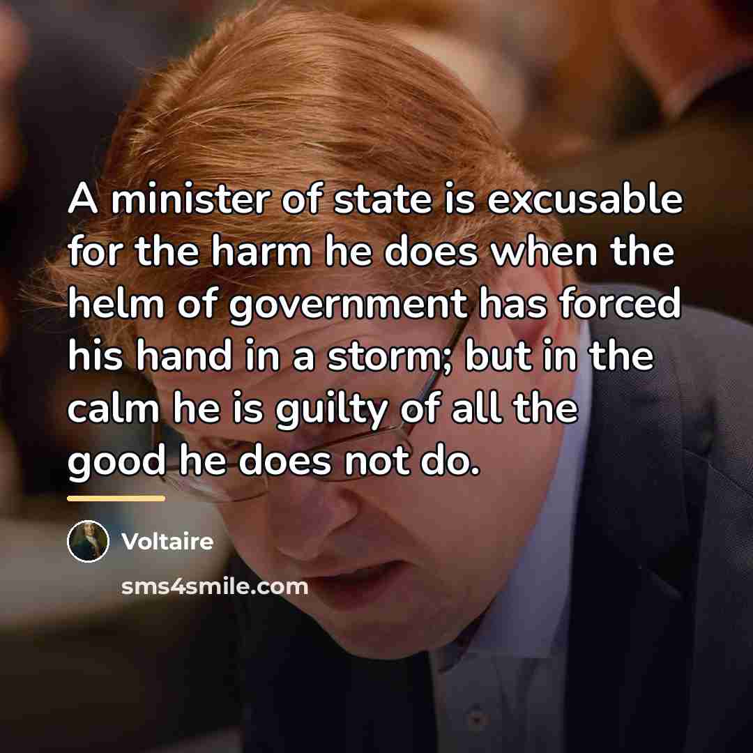 “A minister of state is excusable for the harm he…” quote by Voltaire