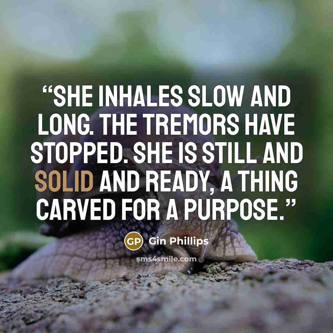 “She inhales slow and long. The tremors have stopped. She is still and solid and ready, a thing carved for a purpose.” quote by Gin Phillips