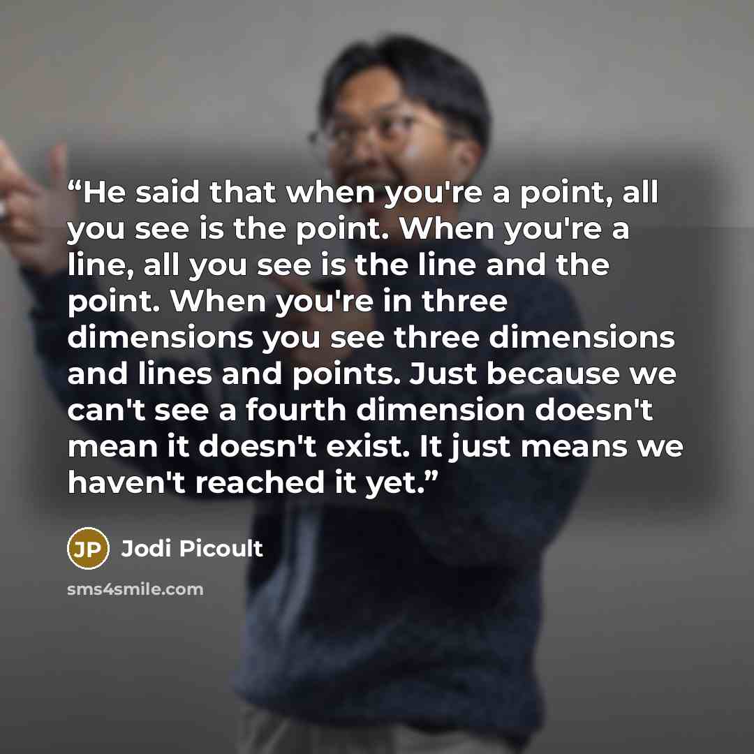 “He said that when you're a point, all you see is the point. When you're a line, all you see is the line and the point. When you're in three dimensions you see three dimensions and lines and points. Just because we can't see a fourth dimension doesn't mean it doesn't exist. It just means we haven't…” quote by Jodi Picoult