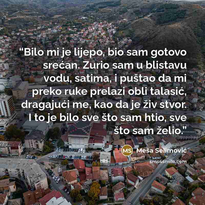 “Bilo mi je lijepo, bio sam gotovo srećan. Zurio sam u blistavu vodu, satima, i puštao da mi preko ruke prelazi obli talasić, dragajući me, kao da je živ stvor. I to je bilo sve što sam htio, sve što sam želio.” quote by Meša Selimović