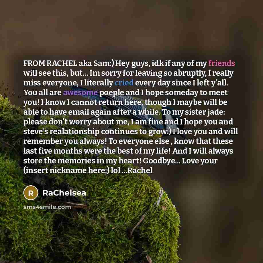 “FROM RACHEL aka Sam:) Hey guys, idk if any of my friends will see this, but… Im sorry for leaving so abruptly, I really miss everyone, I literally cried every day since I left y'all. You all are awesome poeple and I hope someday to meet you! I know I cannot return here, though I maybe will be able…” quote by RaChelsea