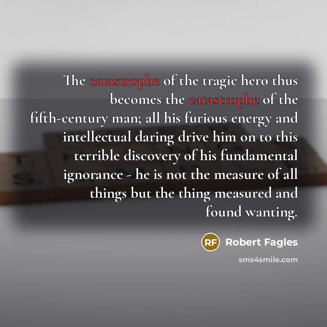 “The catastrophe of the tragic hero thus becomes the catastrophe…” quote by Robert Fagles