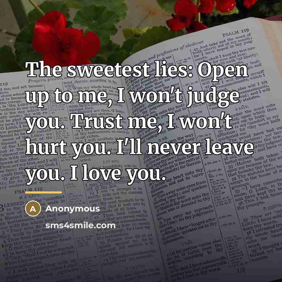 “The sweetest lies: Open up to me, I won't judge…” quote by Anonymous