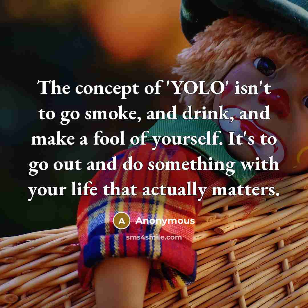 “The concept of 'YOLO' isn't to go smoke, and drink, and make a fool of yourself. It's to go out and do something with your life that actually matters.” quote by Anonymous
