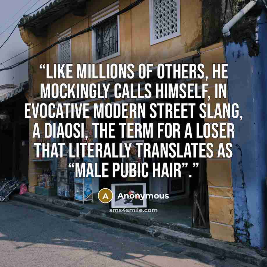 “Like millions of others, he mockingly calls himself, in evocative modern street slang, a diaosi, the term for a loser that literally translates as “male pubic hair”.” quote by Anonymous