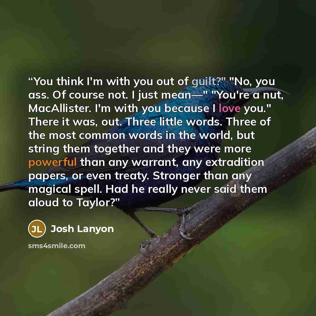 “You think I'm with you out of guilt?" "No, you ass. Of course not. I just mean—" "You're a nut, MacAllister. I'm with you because I love you." There it was, out. Three little words. Three of the most common words in the world, but string them together and they were more powerful than any warrant…” quote by Josh Lanyon