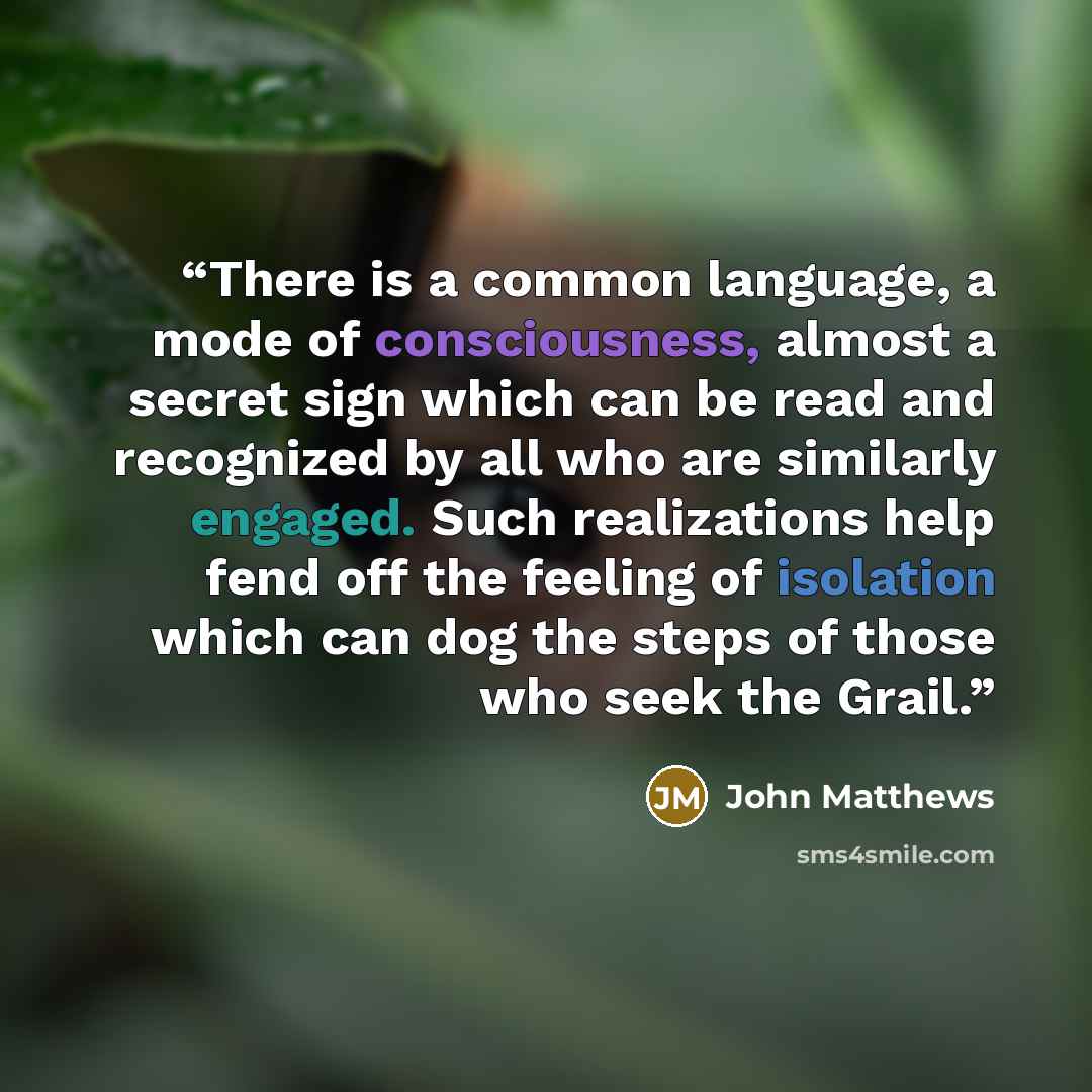 “There is a common language, a mode of consciousness, almost a secret sign which can be read and recognized by all who are similarly engaged. Such realizations help fend off the feeling of isolation which can dog the steps of those who seek the Grail.” quote by John Matthews