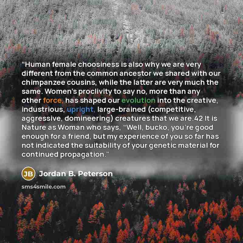 “Human female choosiness is also why we are very different from the common ancestor we shared with our chimpanzee cousins, while the latter are very much the same. Women’s proclivity to say no, more than any other force, has shaped our evolution into the creative, industrious, upright…” quote by Jordan B. Peterson