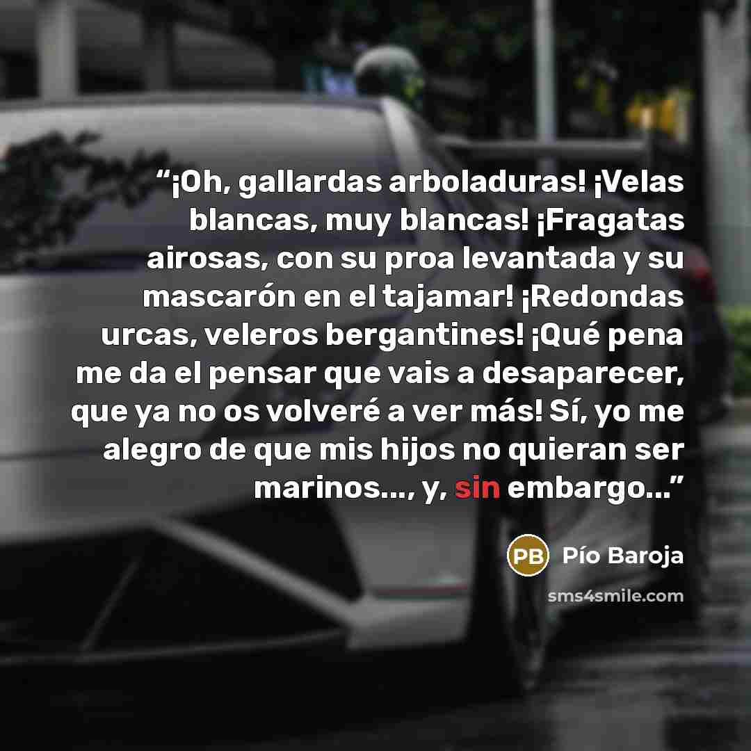 “¡Oh, gallardas arboladuras! ¡Velas blancas, muy blancas! ¡Fragatas airosas, con su proa levantada y su mascarón en el tajamar! ¡Redondas urcas, veleros bergantines! ¡Qué pena me da el pensar que vais a desaparecer, que ya no os volveré a ver más! Sí, yo me alegro de que mis hijos no quieran ser…” quote by Pío Baroja