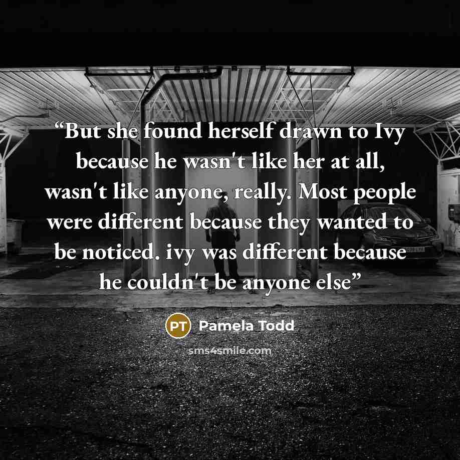 “But she found herself drawn to Ivy because he wasn't like her at all, wasn't like anyone, really. Most people were different because they wanted to be noticed. ivy was different because he couldn't be anyone else” quote by Pamela Todd