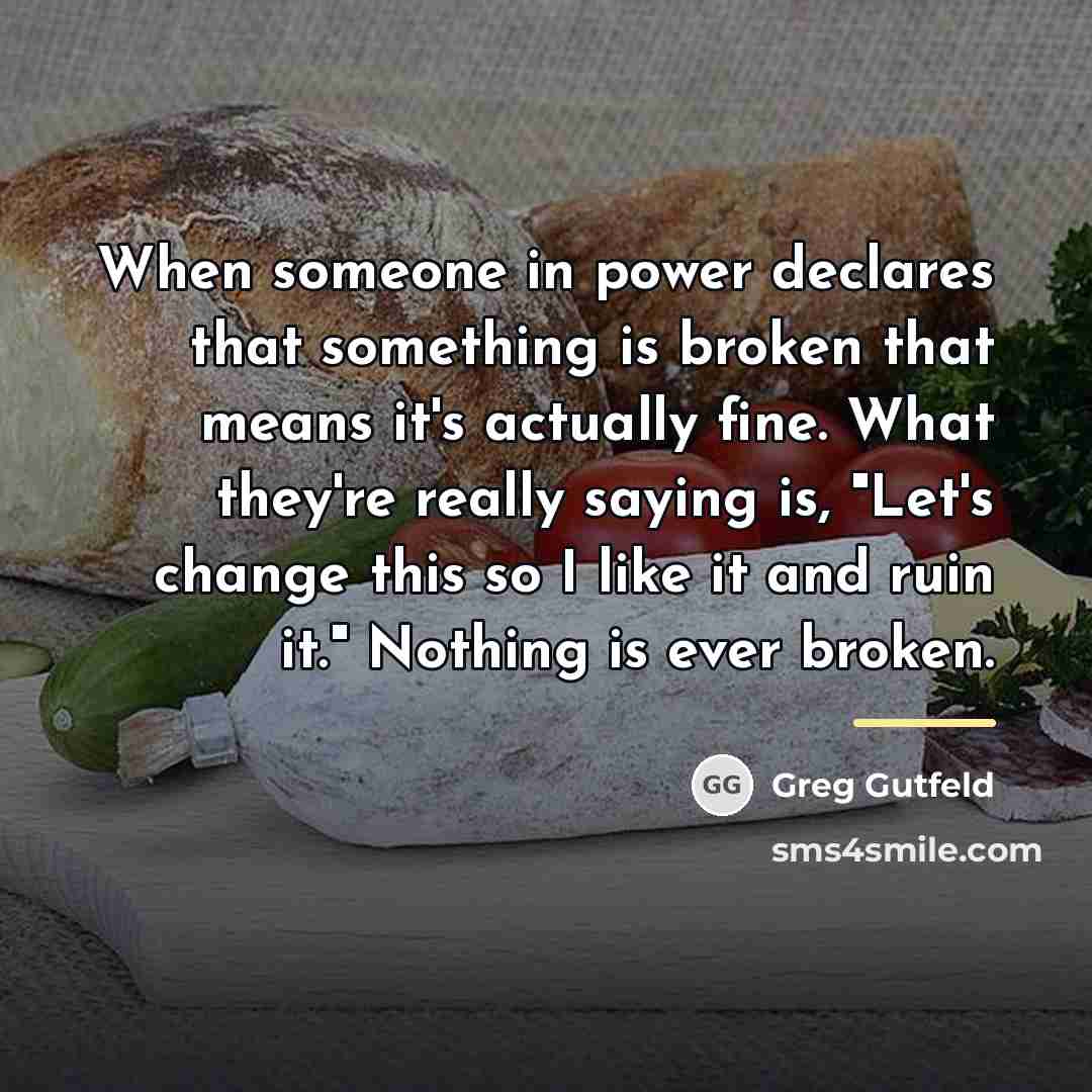 “When someone in power declares that something is broken that…” quote by Greg Gutfeld