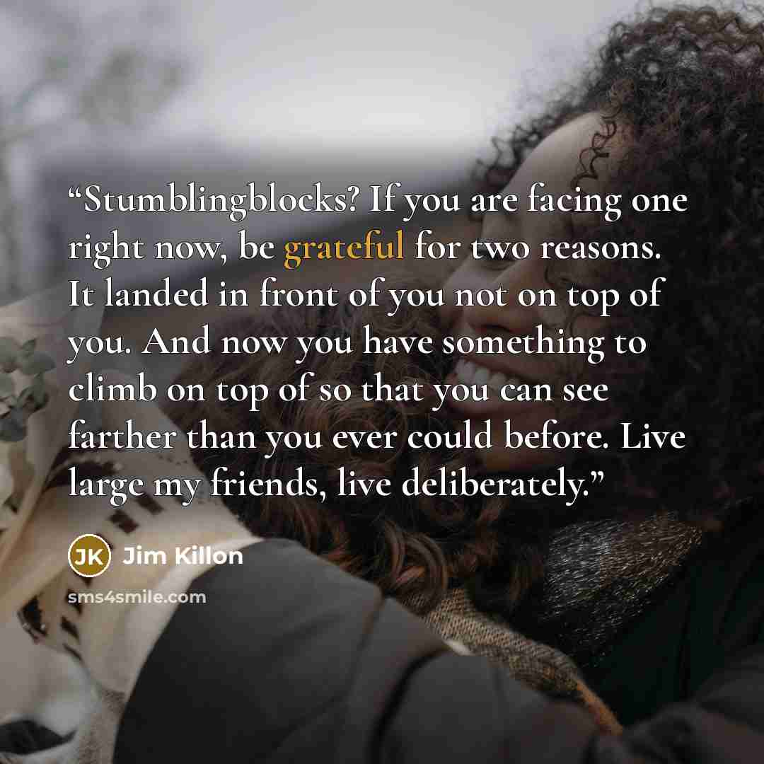 “Stumblingblocks? If you are facing one right now, be grateful for two reasons. It landed in front of you not on top of you. And now you have something to climb on top of so that you can see farther than you ever could before. Live large my friends, live deliberately.” quote by Jim Killon