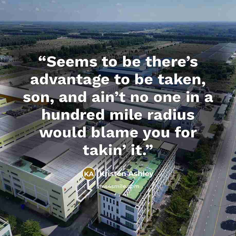 “Seems to be there’s advantage to be taken, son, and ain’t no one in a hundred mile radius would blame you for takin’ it.” quote by Kristen Ashley