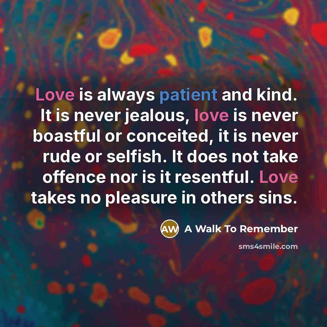 “Love is always patient and kind. It is never jealous,…” quote by A Walk To Remember