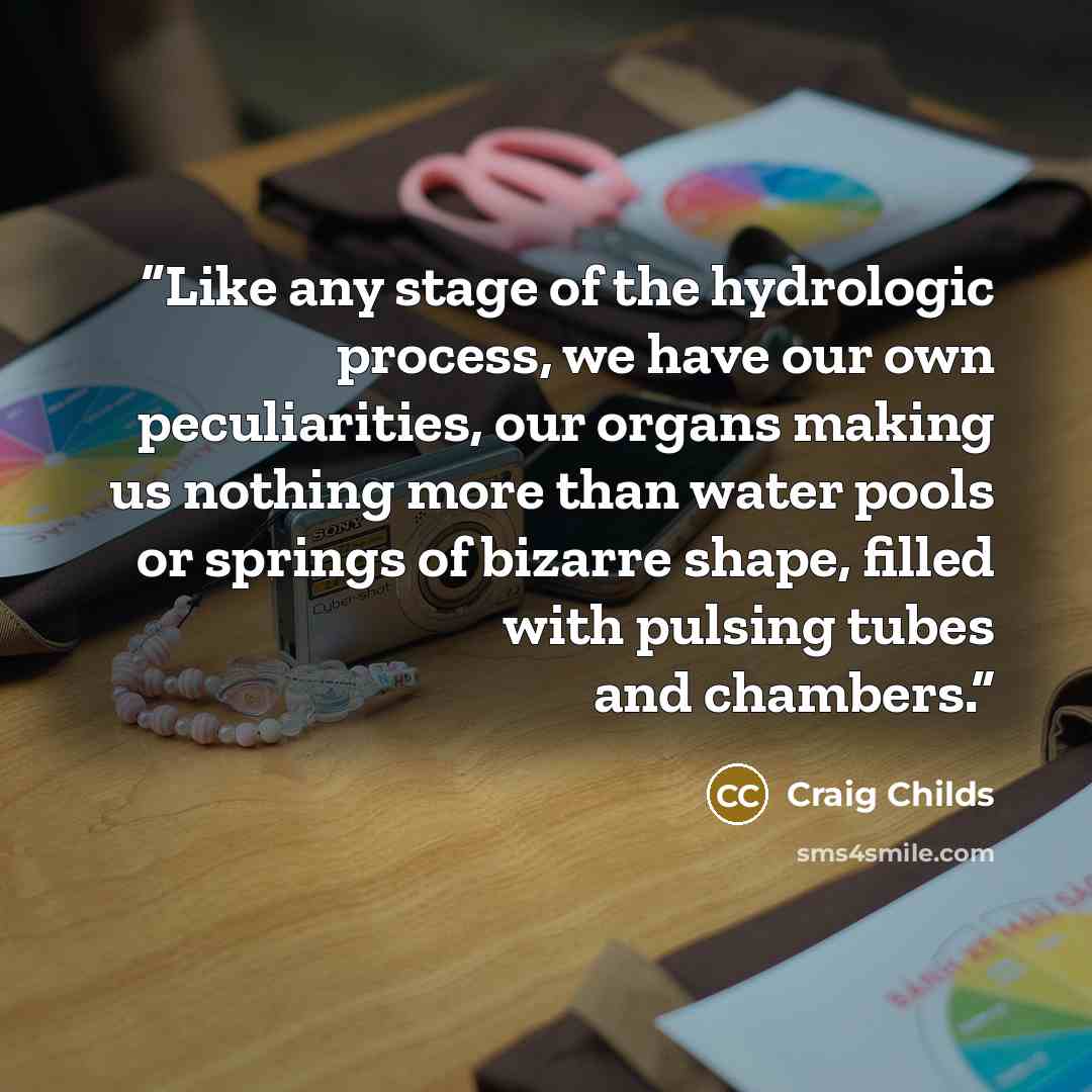 “Like any stage of the hydrologic process, we have our own peculiarities, our organs making us nothing more than water pools or springs of bizarre shape, filled with pulsing tubes and chambers.” quote by Craig Childs