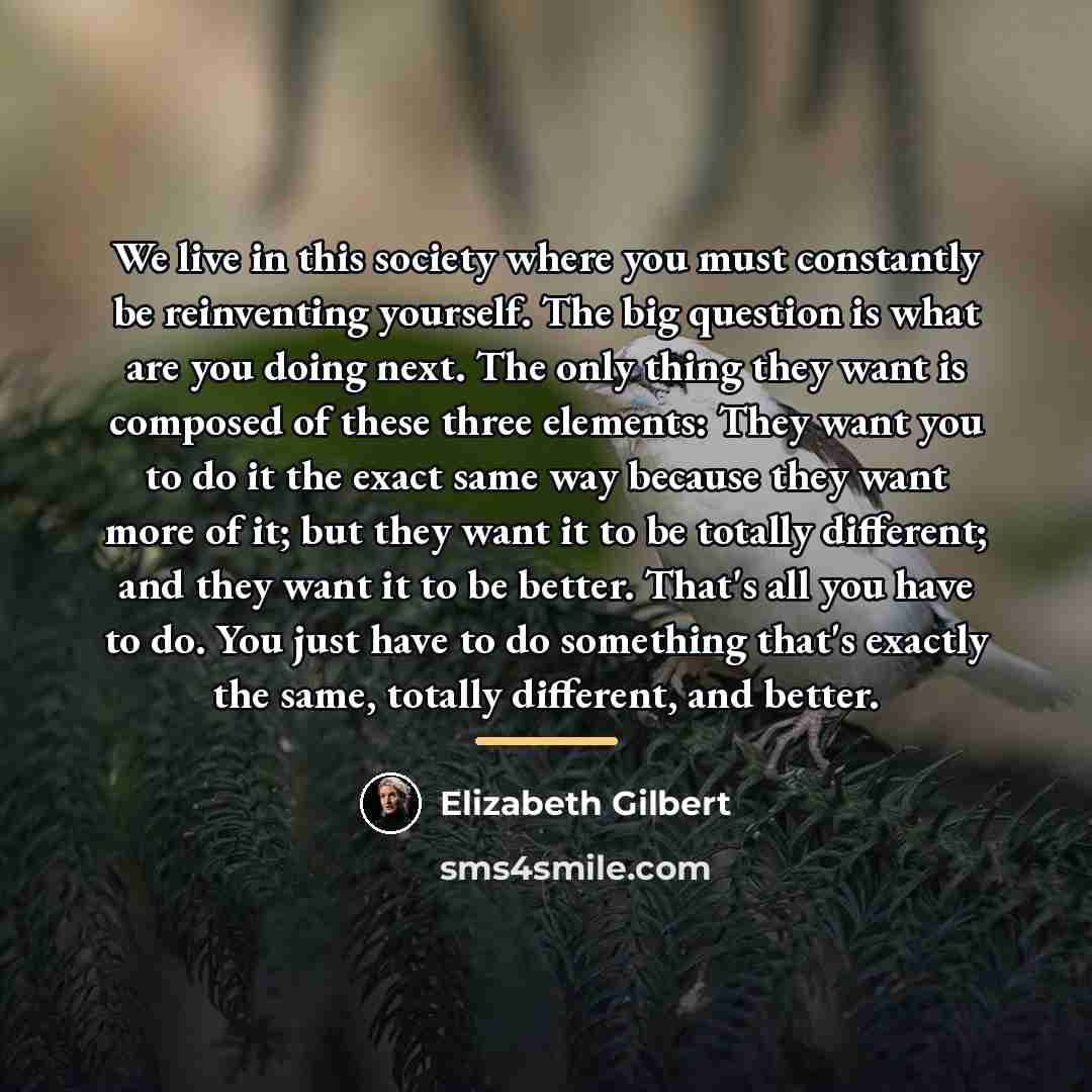 “We live in this society where you must constantly be…” quote by Elizabeth Gilbert