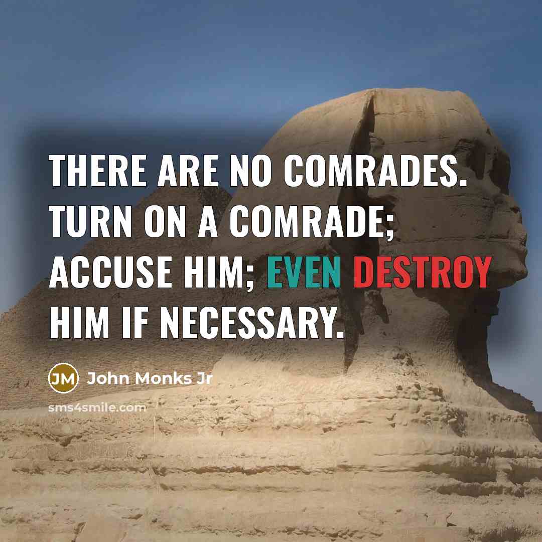 “There are no comrades. Turn on a comrade; accuse him; even destroy him if necessary.” quote by John Monks Jr