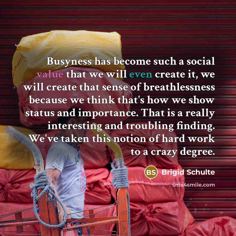 “Busyness has become such a social value that we will even create it, we will create that sense of breathlessness because we think that's how we show status and importance. That is a really interesting and troubling finding. We've taken this notion of hard work to a crazy degree.” quote by Brigid Schulte