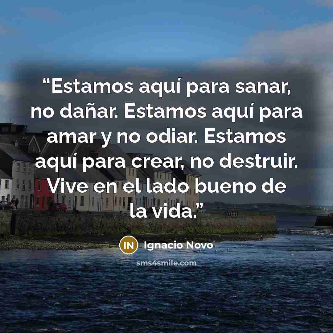 “Estamos aquí para sanar, no dañar. Estamos aquí para amar y no odiar. Estamos aquí para crear, no destruir. Vive en el lado bueno de la vida.” quote by Ignacio Novo