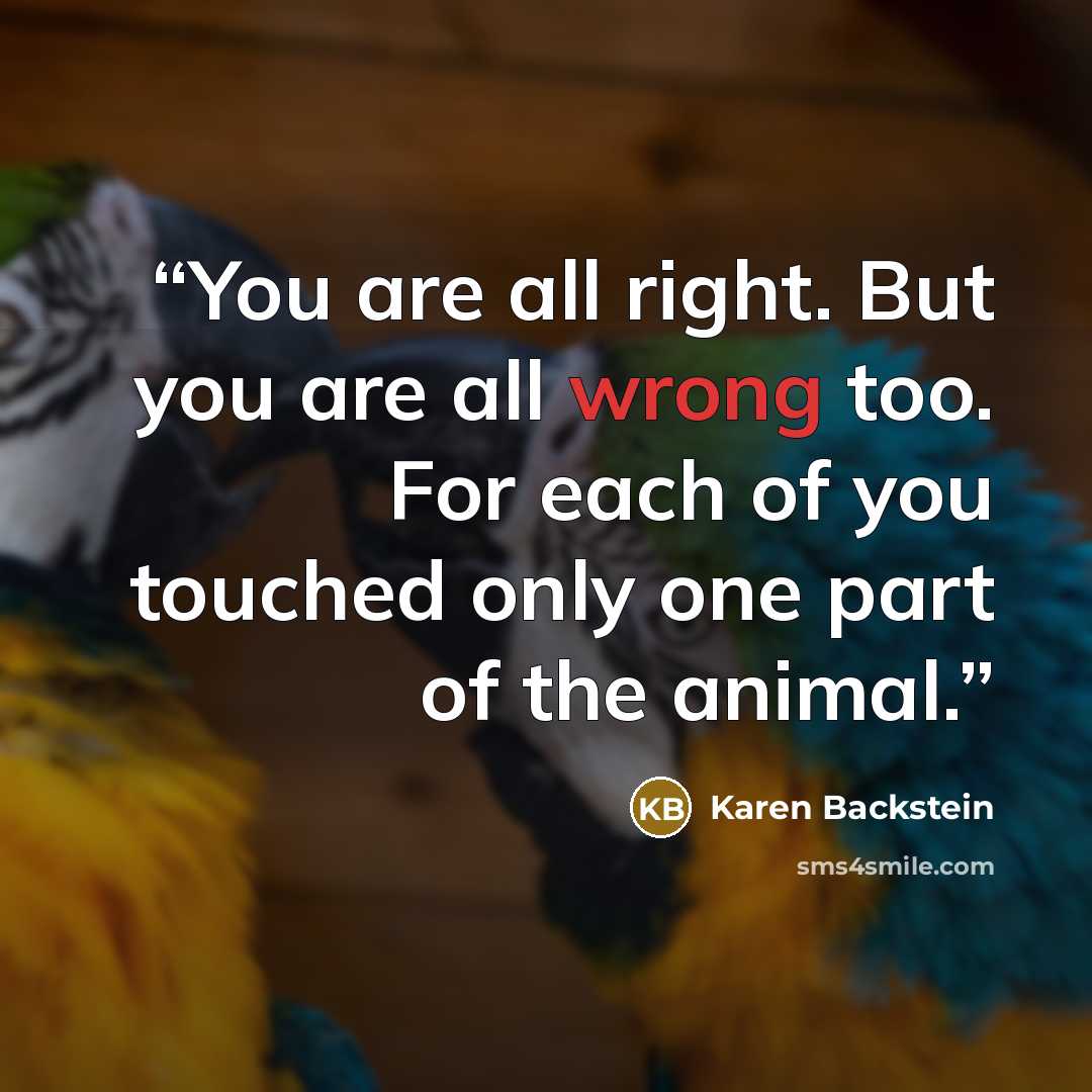 “You are all right. But you are all wrong too. For each of you touched only one part of the animal.” quote by Karen Backstein