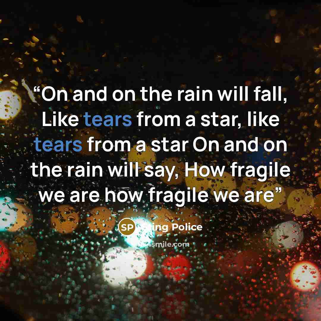 “On and on the rain will fall, Like tears from a star, like tears from a star On and on the rain will say, How fragile we are how fragile we are” quote by Sting Police