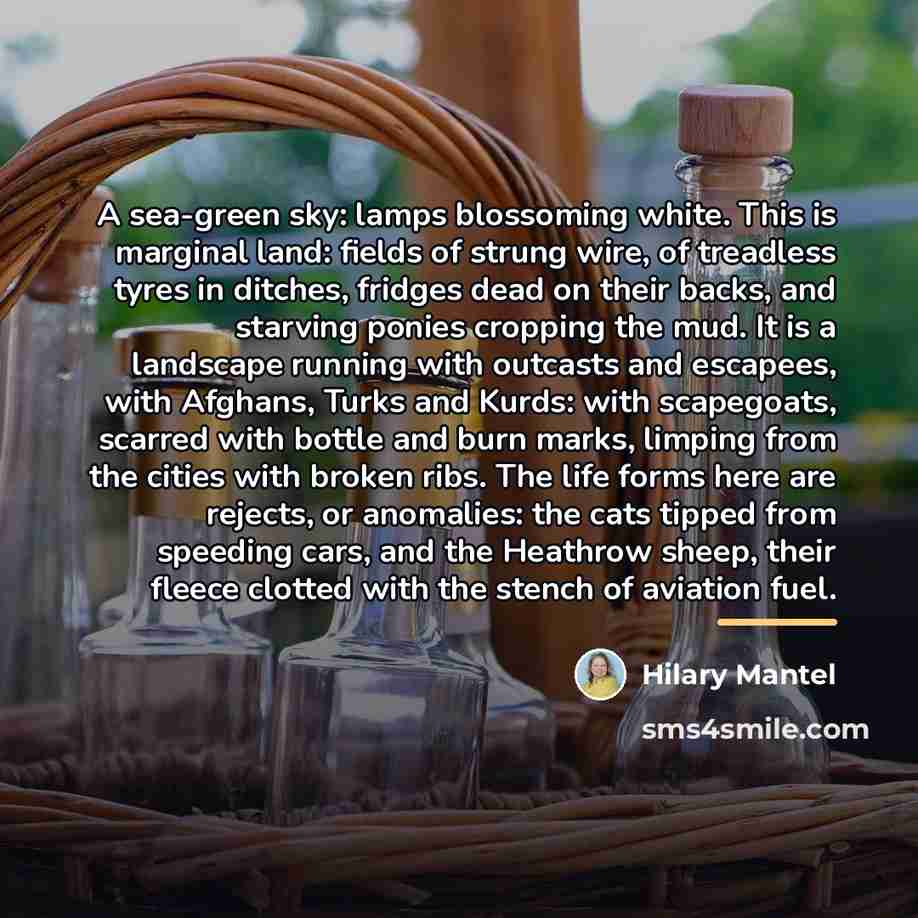“A sea-green sky: lamps blossoming white. This is marginal land:…” quote by Hilary Mantel