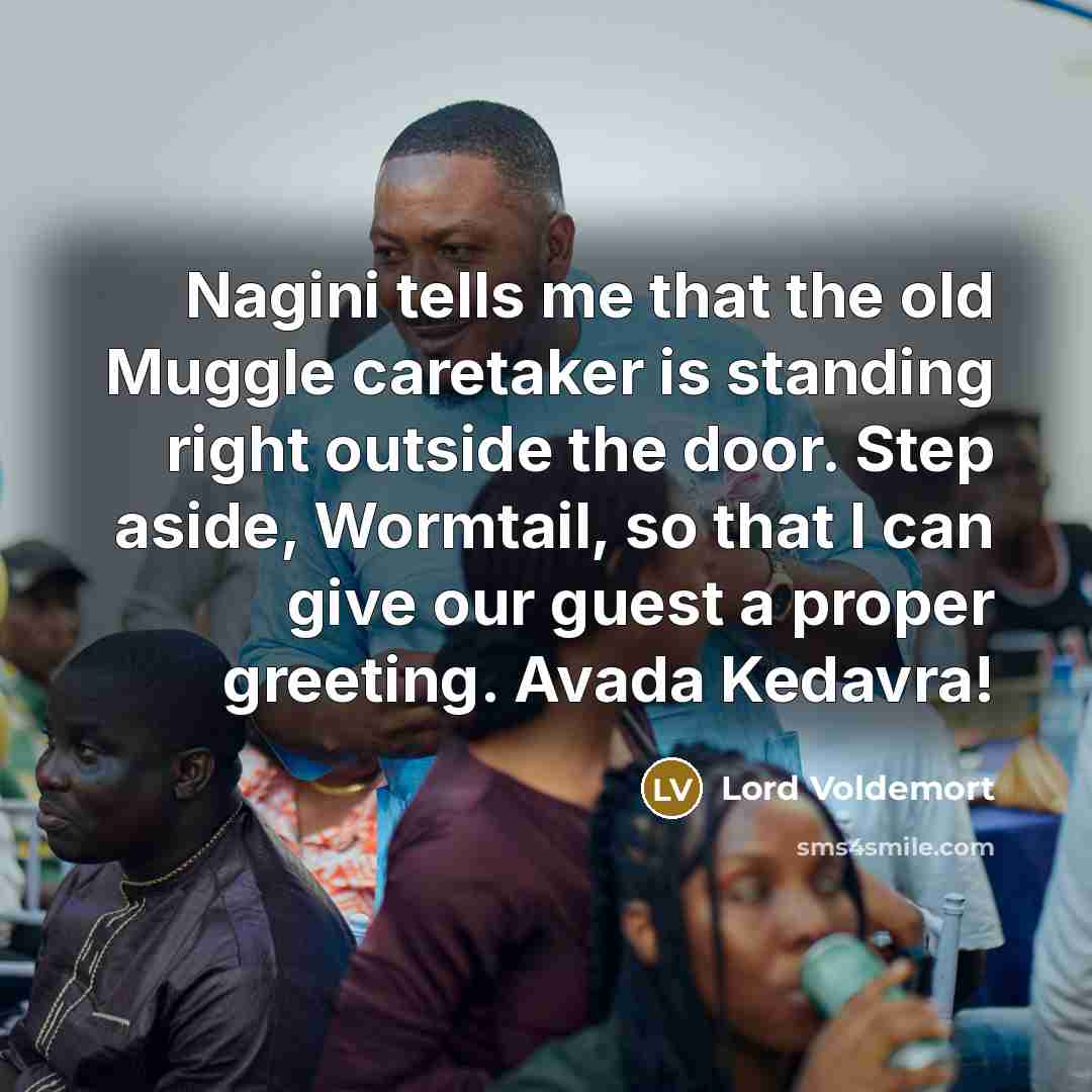 “Nagini tells me that the old Muggle caretaker is standing right outside the door. Step aside, Wormtail, so that I can give our guest a proper greeting. Avada Kedavra!” quote by Lord Voldemort