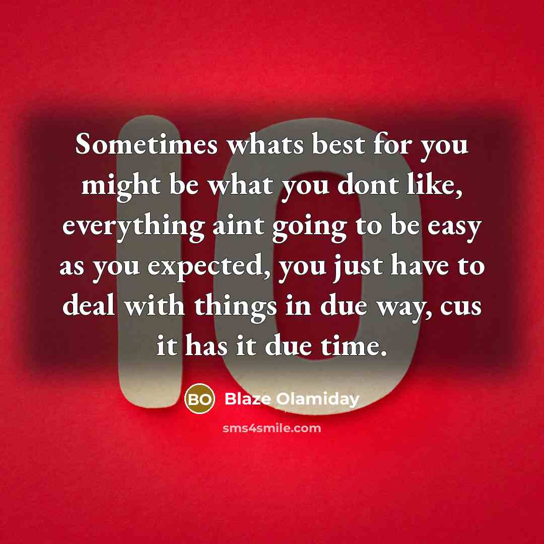 “Sometimes whats best for you might be what you dont like, everything aint going to be easy as you expected, you just have to deal with things in due way, cus it has it due time.” quote by Blaze Olamiday